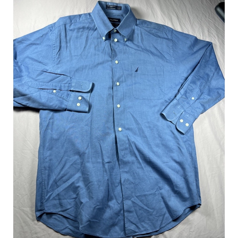 Nautica Mens 15 1/2 32 33 Blue Long Sleeve Vintage Oxford Button Down Dress Shir